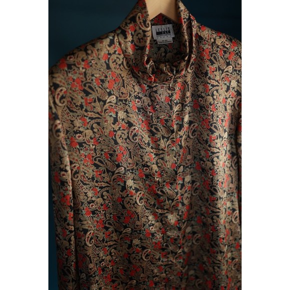Vintage Leslie Fay printed floral Rose paisley banded collar Silk button up 18W - Picture 2 of 11